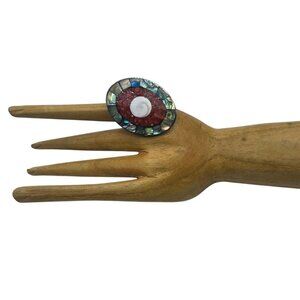 Vintage Y2K Oval Mother Of Pearl Abalone Shell Adjustable Ring Coastal
